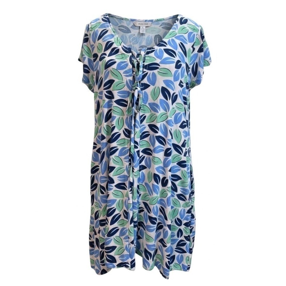 Blue Water Leaf Print‎ Dress Womens XL Blue Green Rayon Lace Up Cottagecore Boho